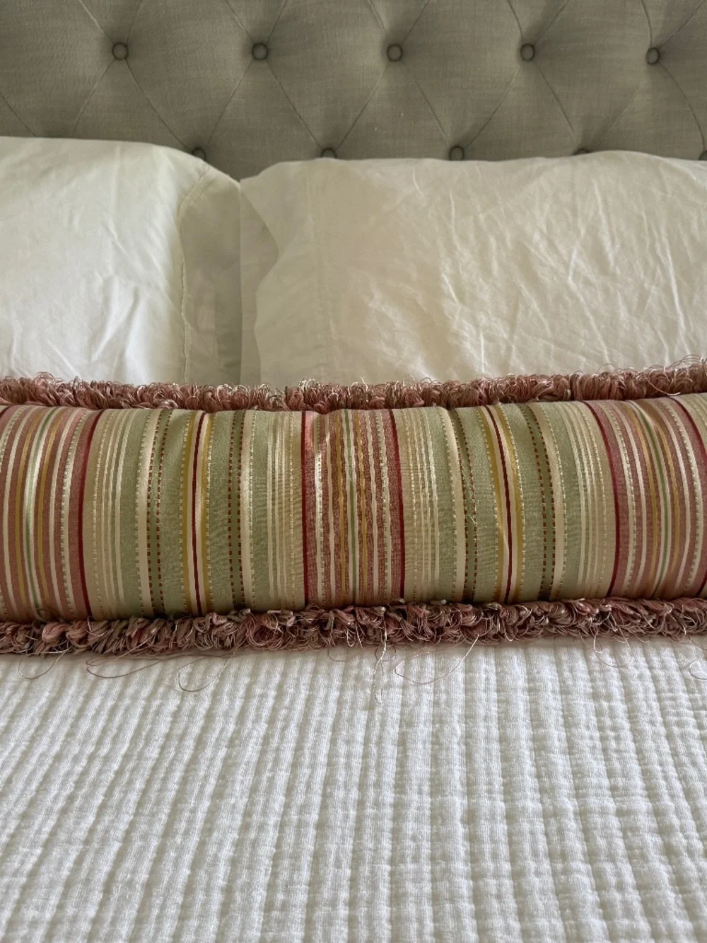 Striped Pink and Green Fringe Trimmed Bolster Pillow